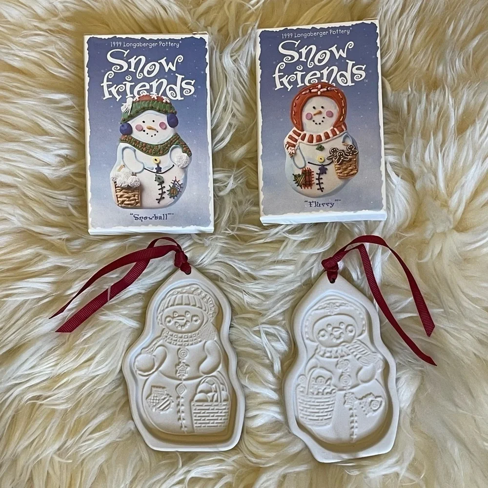 1999 Longaberger Pottery Cookie Mold Series “Snow Friends,” Snowball and Flurry